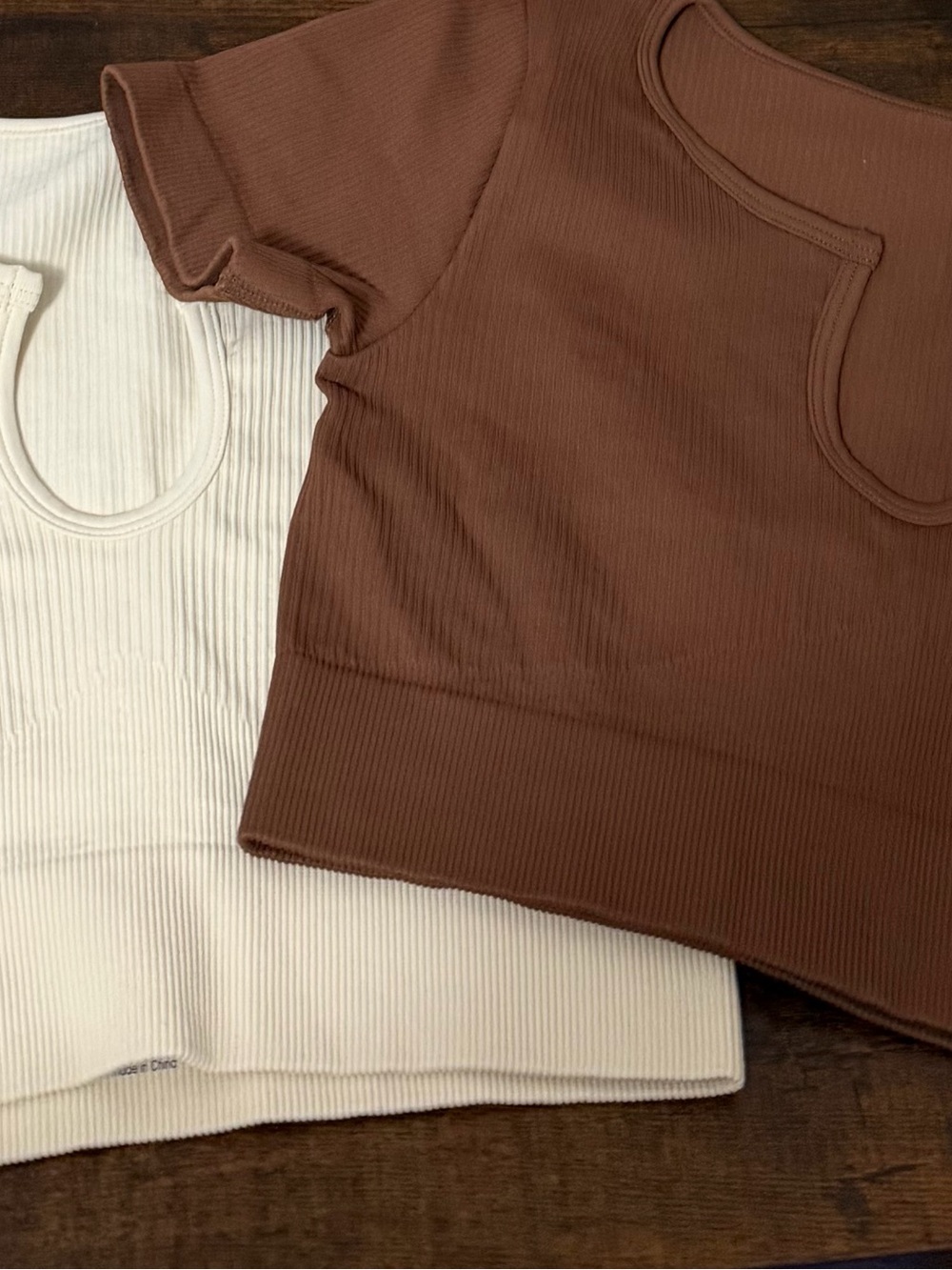 NWOT OQQ Ribbed Cropped Activewear Tops Bundle | Cream & Brown | 2-Pack